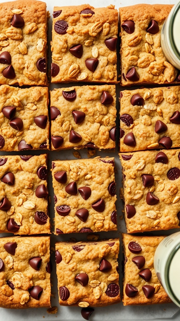 A tray of oatmeal chocolate chip cookie bars, cut into squares, with chocolate chips visible, next to a glass of milk.
